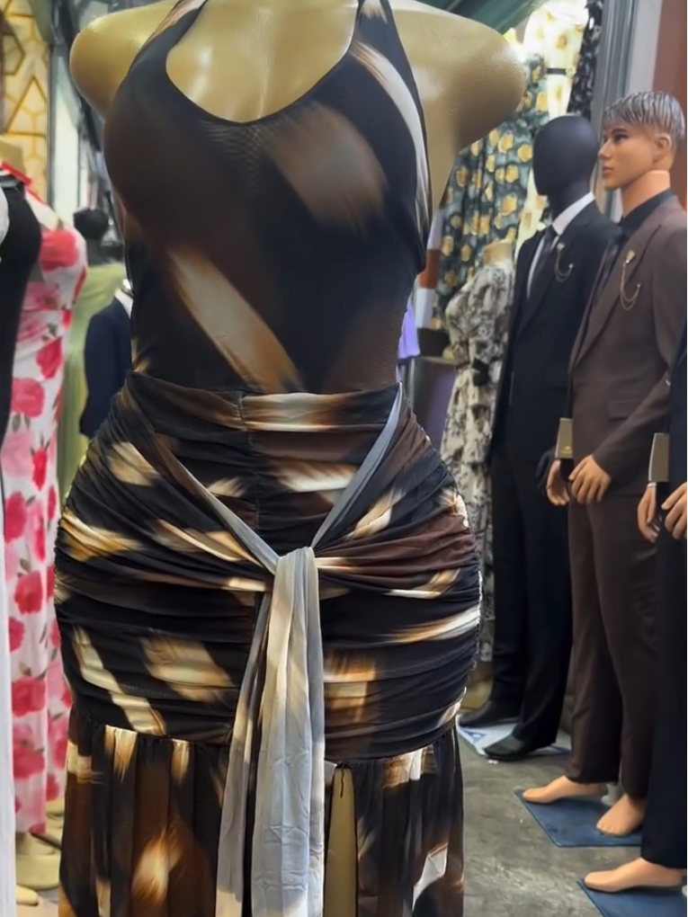Brown halter neck figure-hugging maxi dress