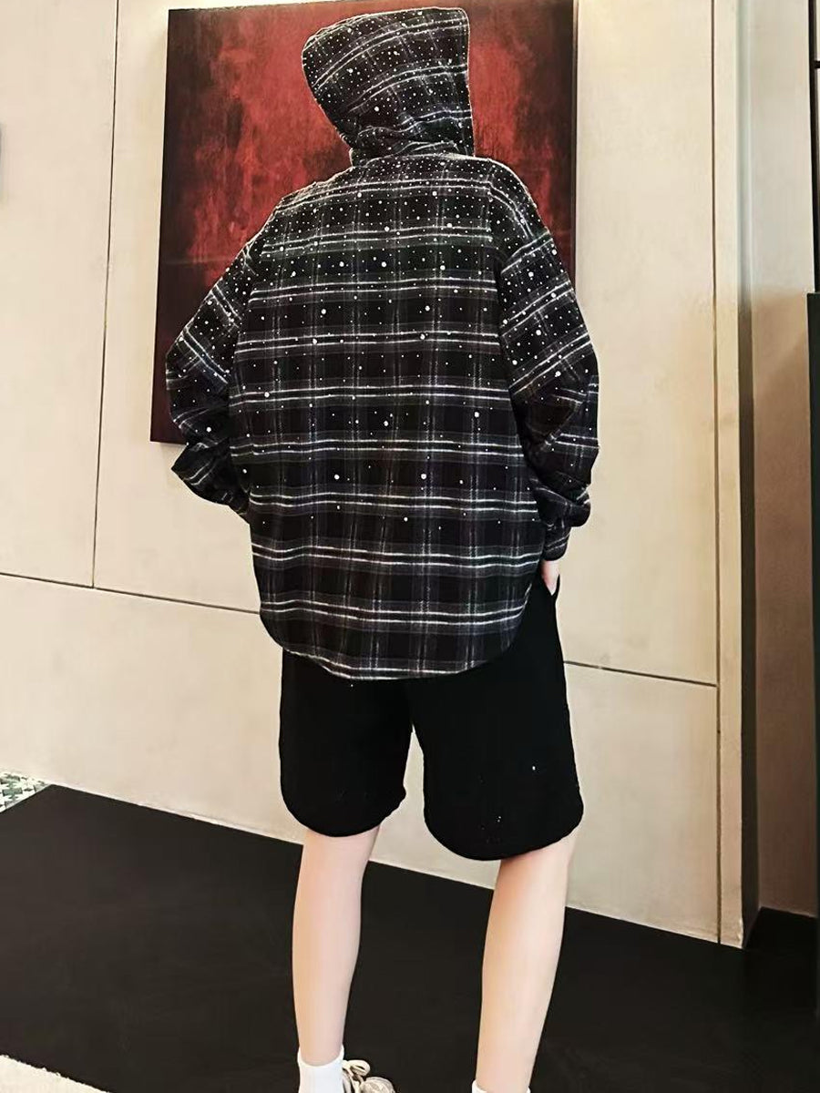 Men's Plaid Rhinestone Sparkle Hooded Sweatshirt