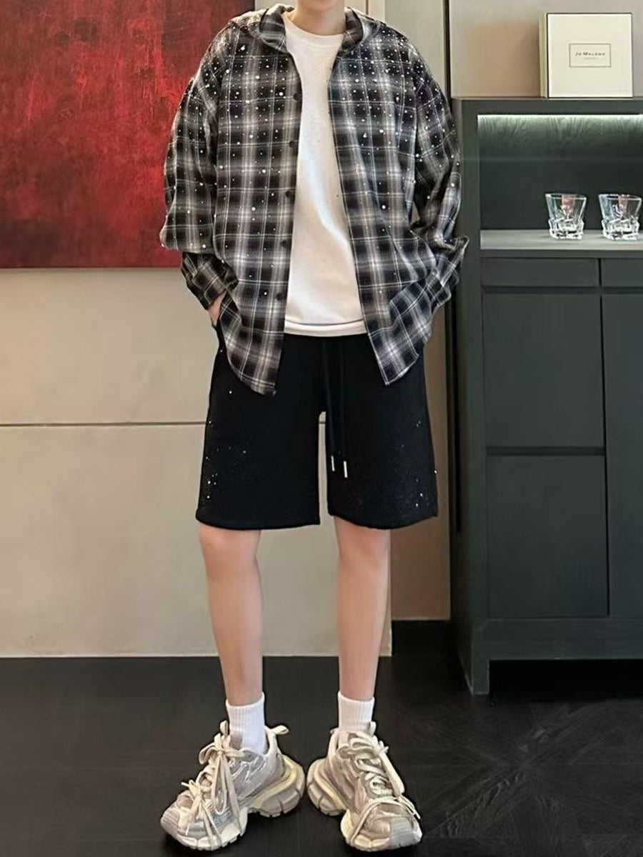 Men's Plaid Rhinestone Sparkle Hooded Sweatshirt
