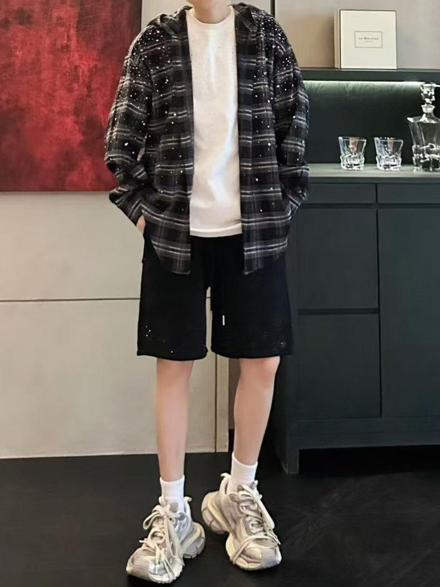 Men's Plaid Rhinestone Sparkle Hooded Sweatshirt
