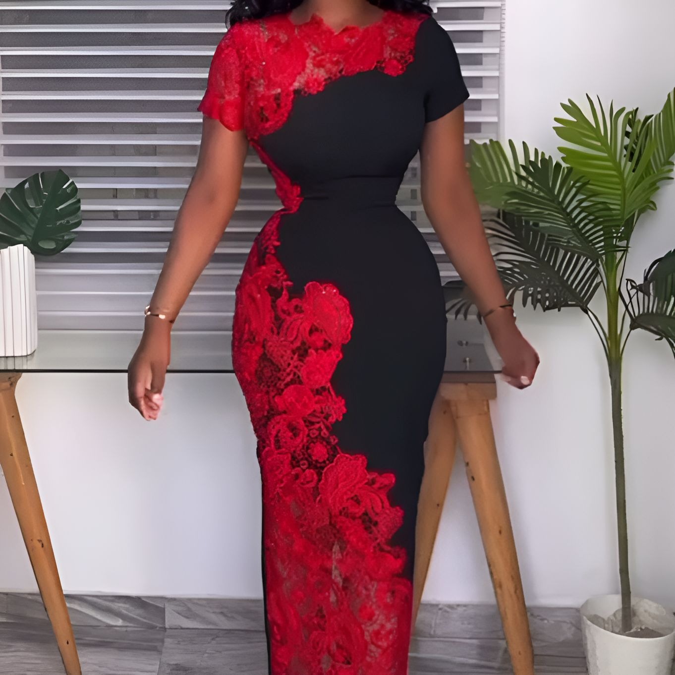 Red lace black dress