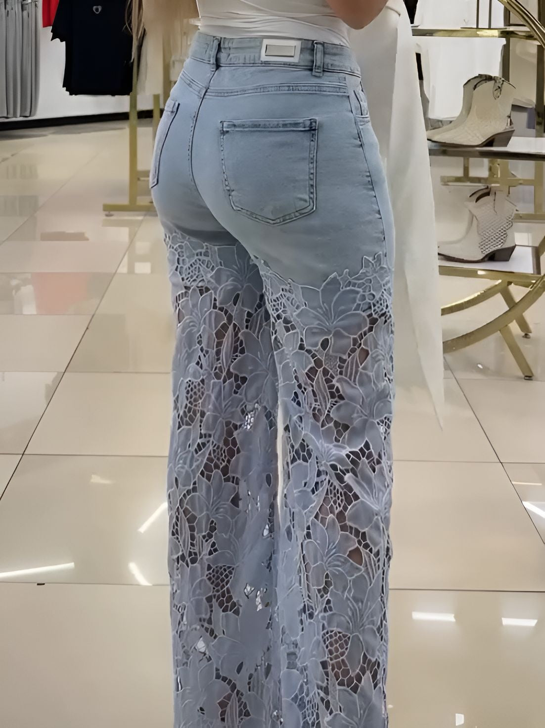 Blue lace patchwork denim