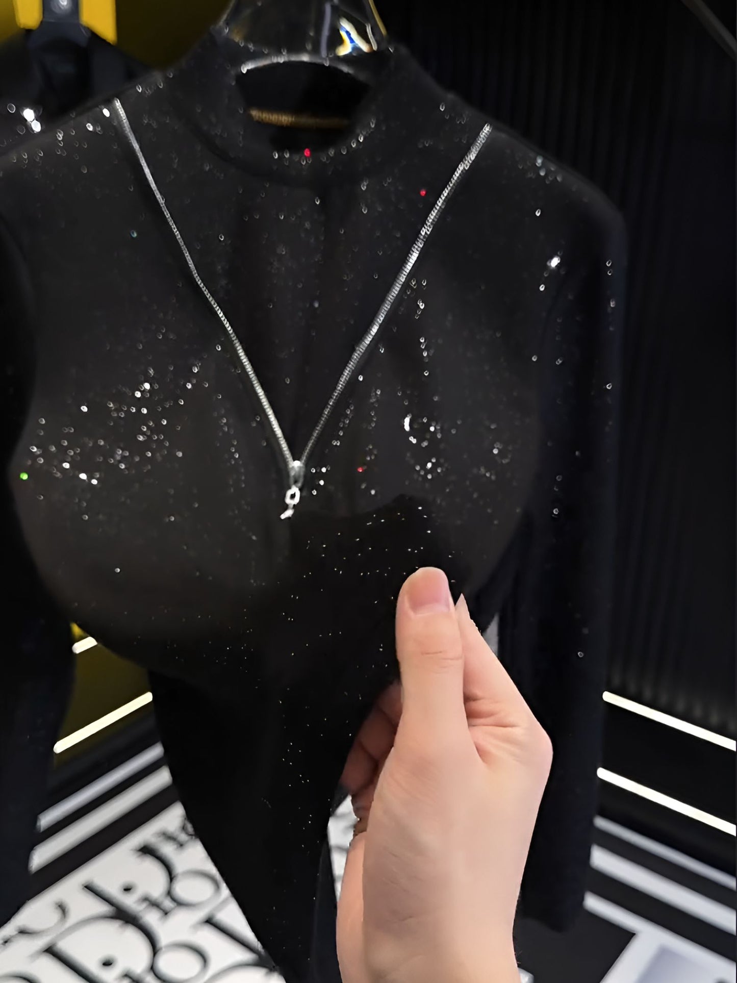 Full Crystal Zip Fake Two-Piece Hoodie