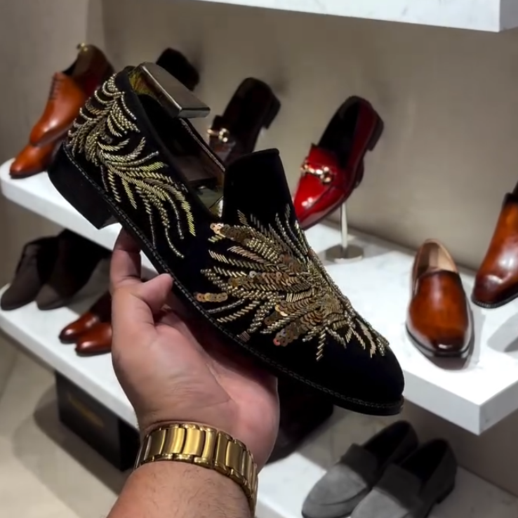 Gold Sequin Velvet Men's Shoes