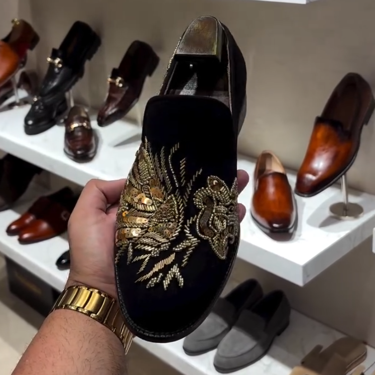 Gold Sequin Velvet Men's Shoes