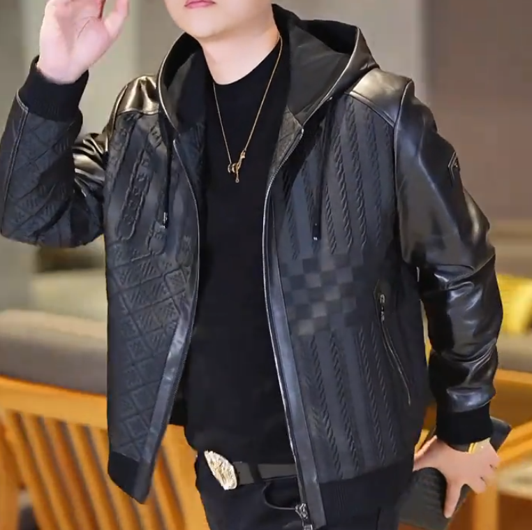 Hooded Cable-Knit Leather Coat