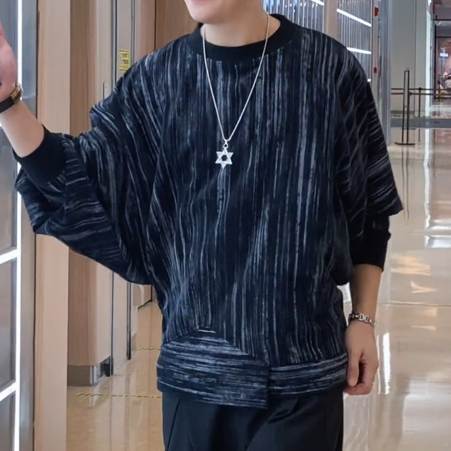 Grey Vertical Line Bat Sleeve Coat