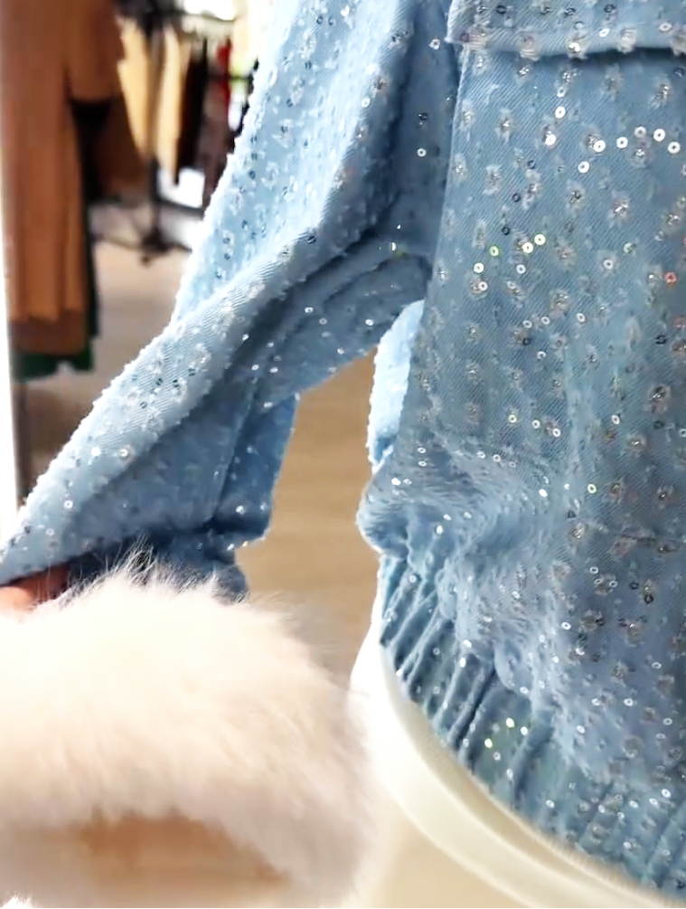 Women's Sequin Fur Hood Denim