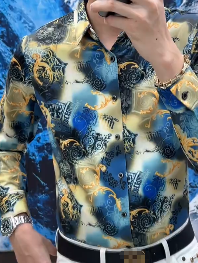 blue and gold printed shirt