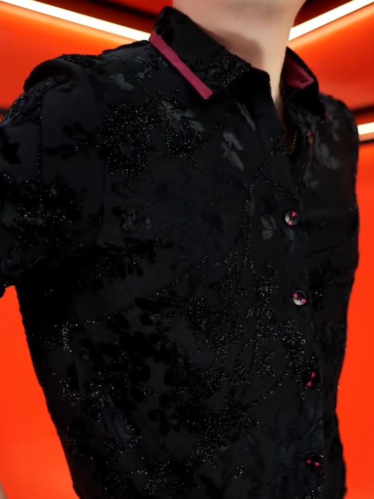 Red-Trim Black Velvet Shirt