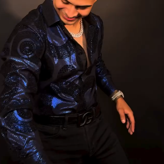 Blue patent leather shirt