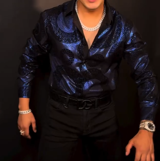 Blue patent leather shirt
