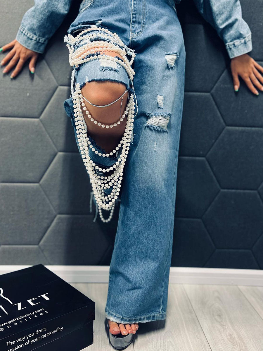 Denim Pearl Chain Ripped Jeans