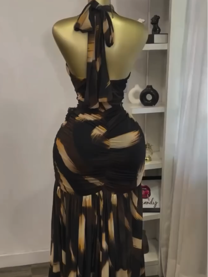 Brown halter neck figure-hugging maxi dress