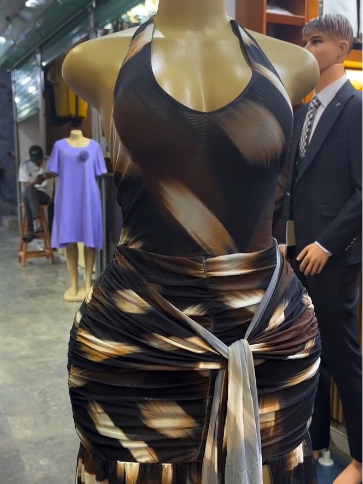 Brown halter neck figure-hugging maxi dress