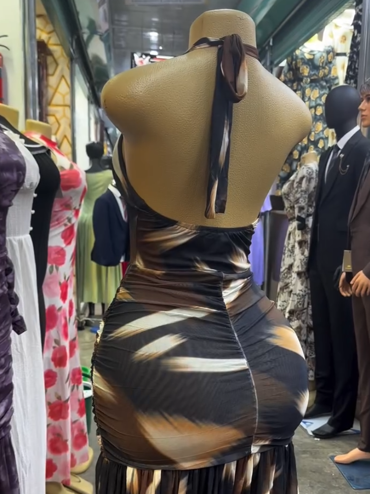 Brown halter neck figure-hugging maxi dress