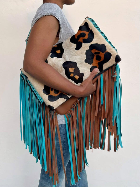 Leopard print tassel clutch crossbody bag