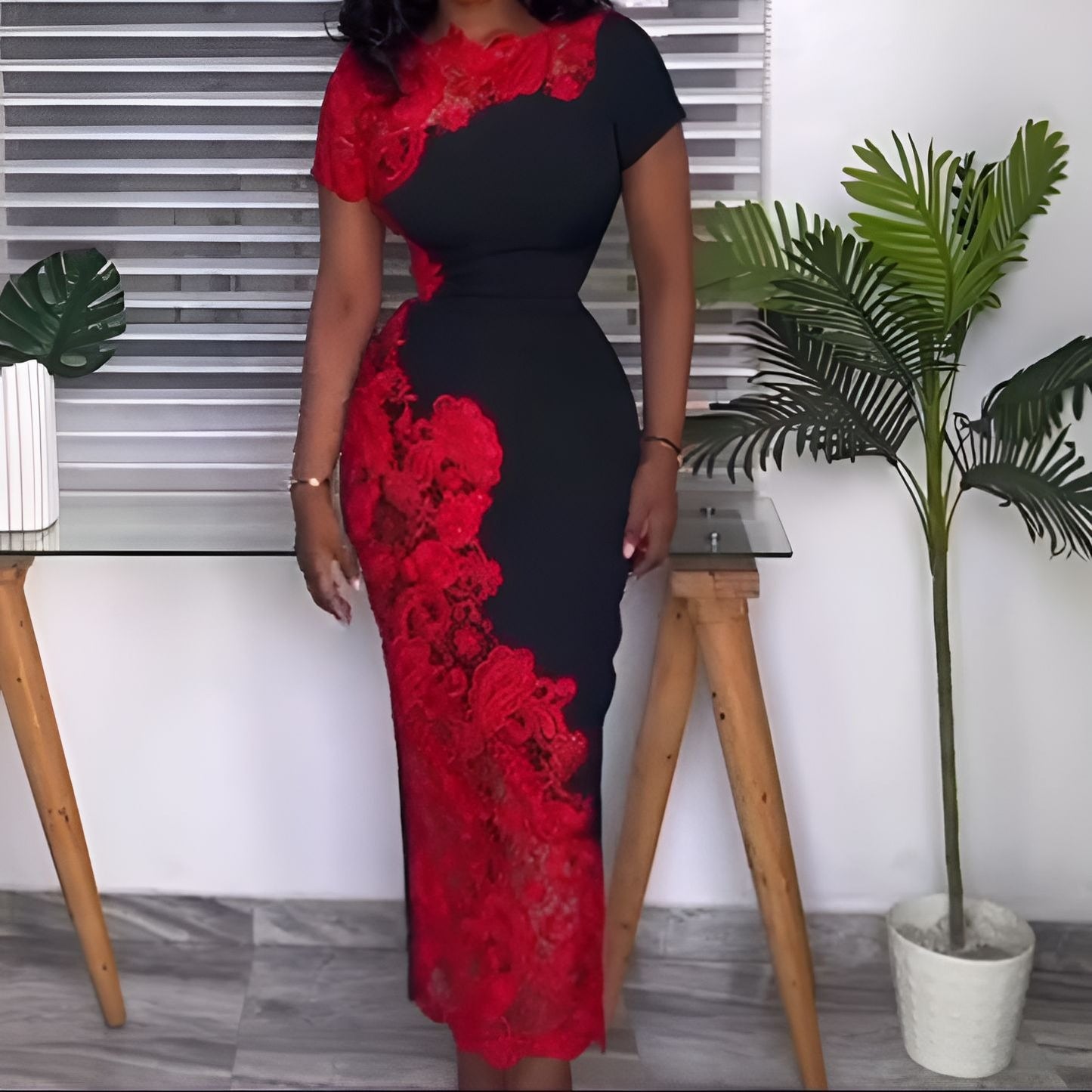 Red lace black dress