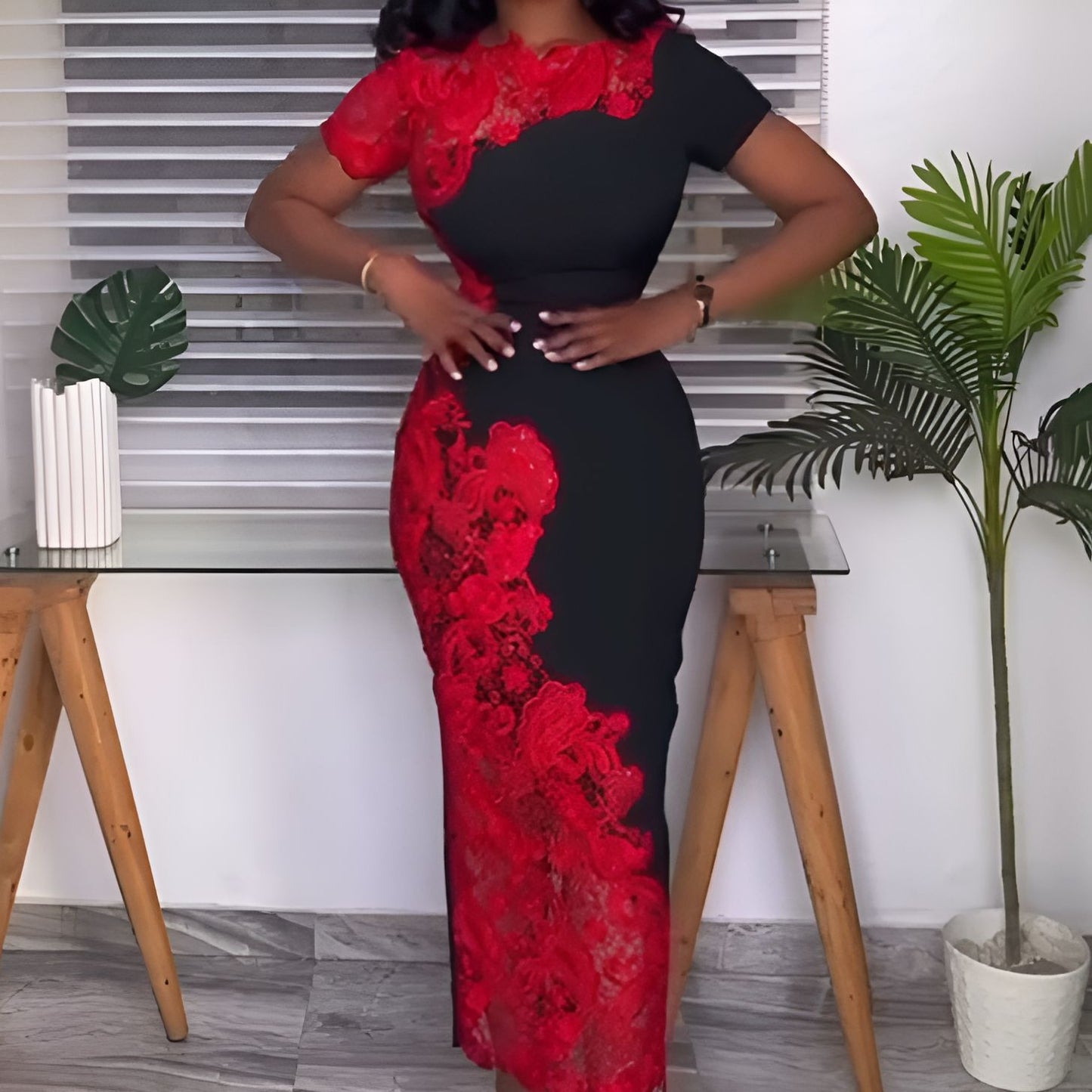 Red lace black dress