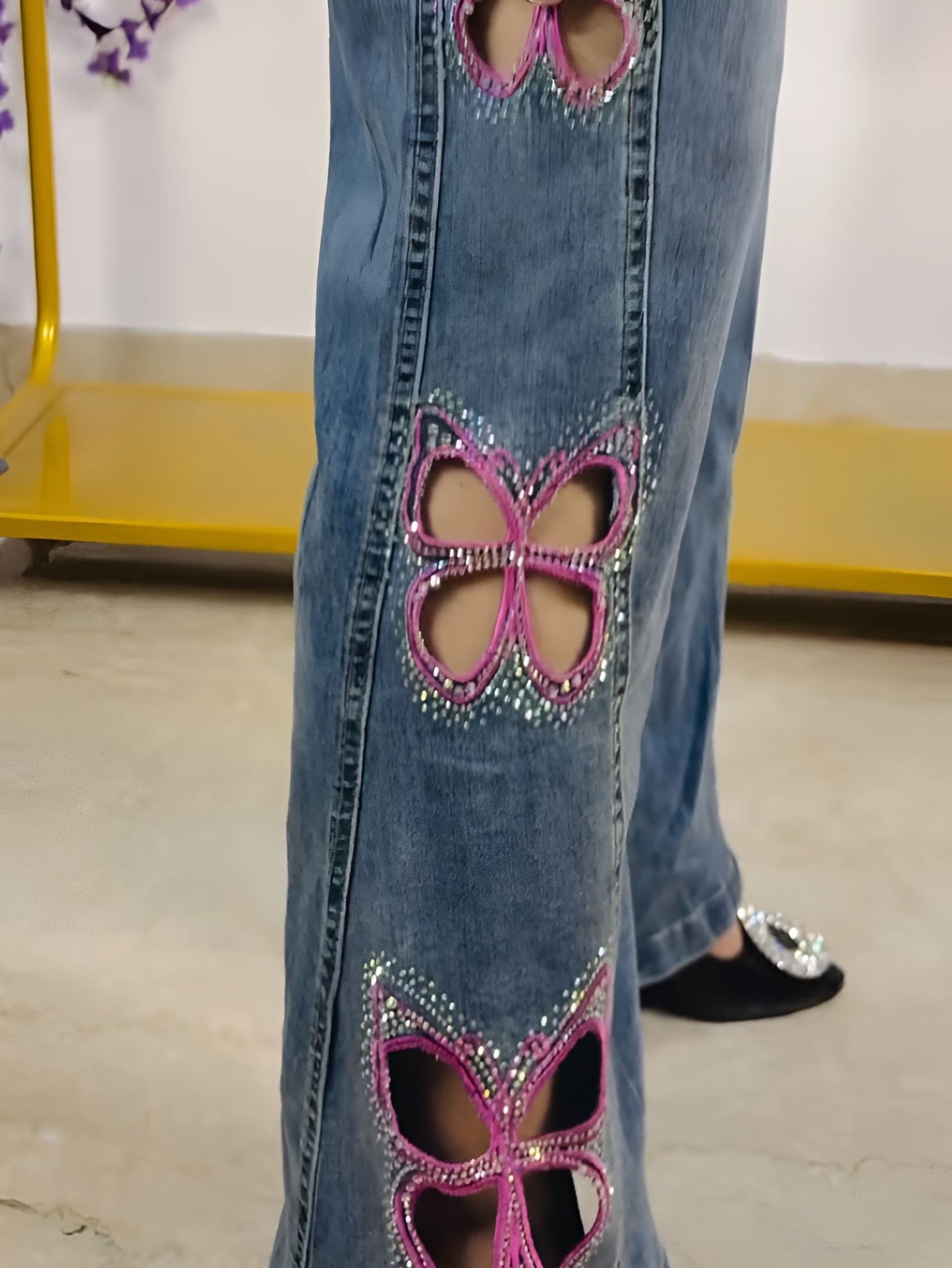 Pink Butterfly Cutout Jeans