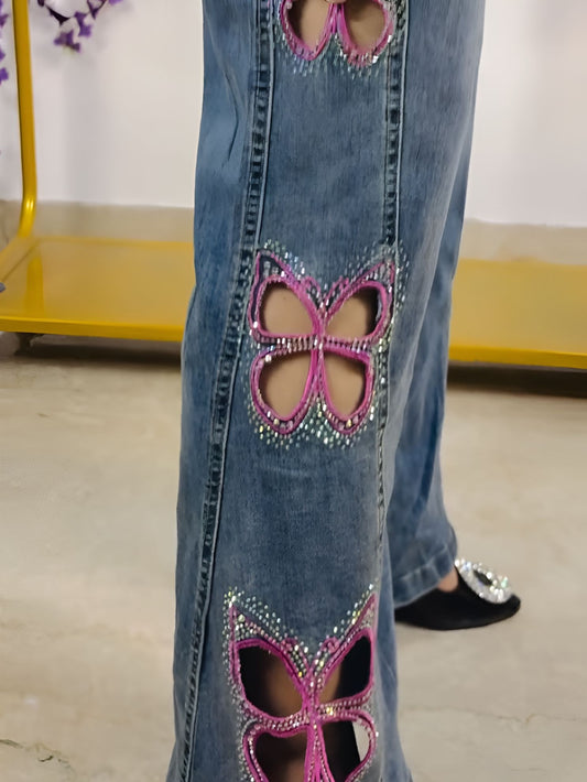 Pink Butterfly Cutout Jeans