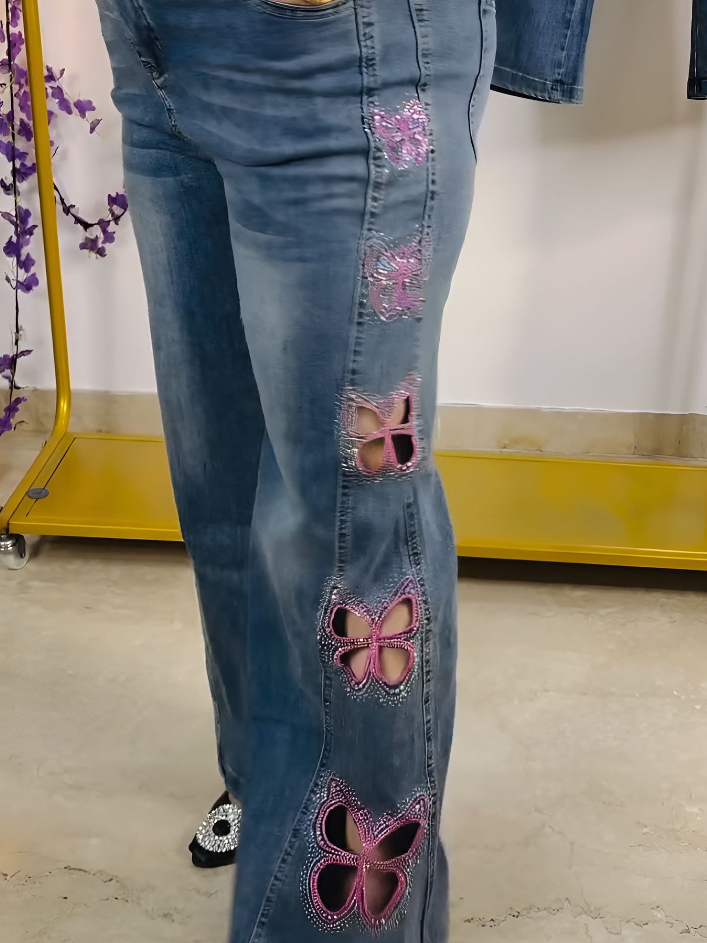 Pink Butterfly Cutout Jeans