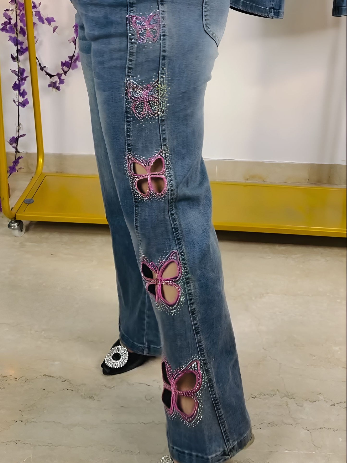 Pink Butterfly Cutout Jeans