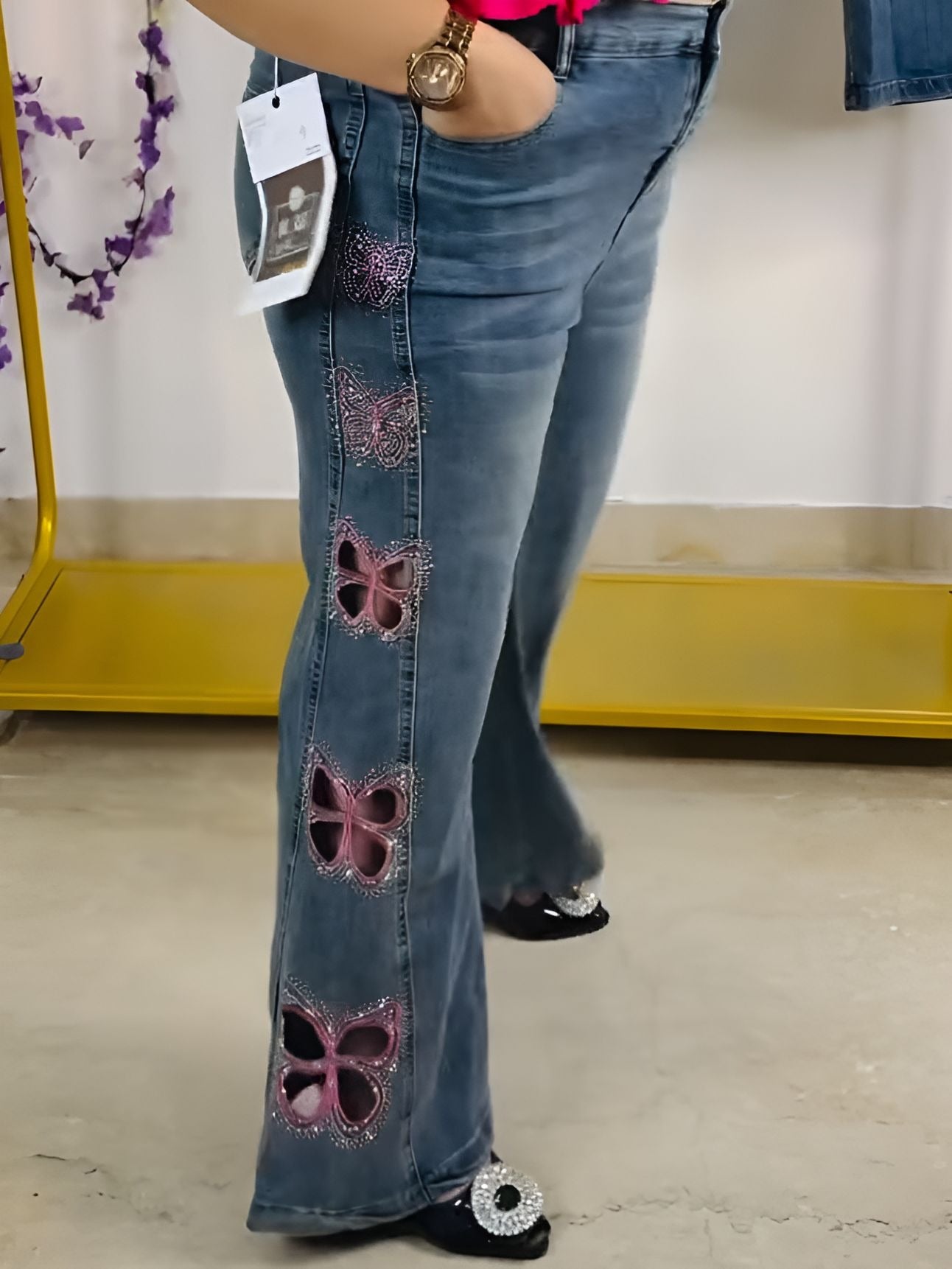 Pink Butterfly Cutout Jeans