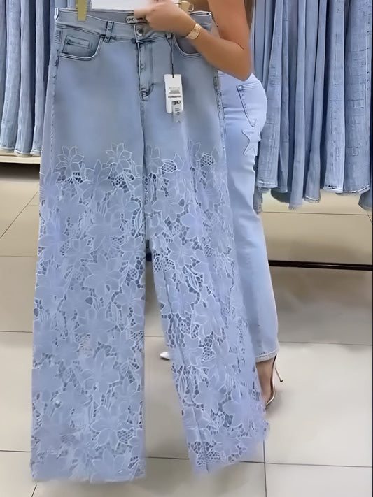Blue lace patchwork denim