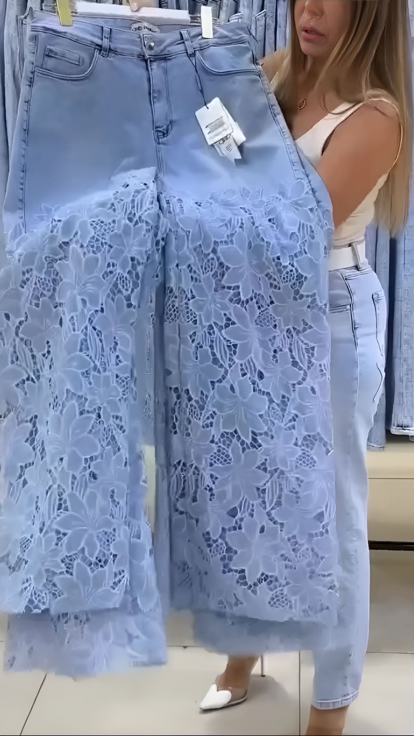 Blue lace patchwork denim