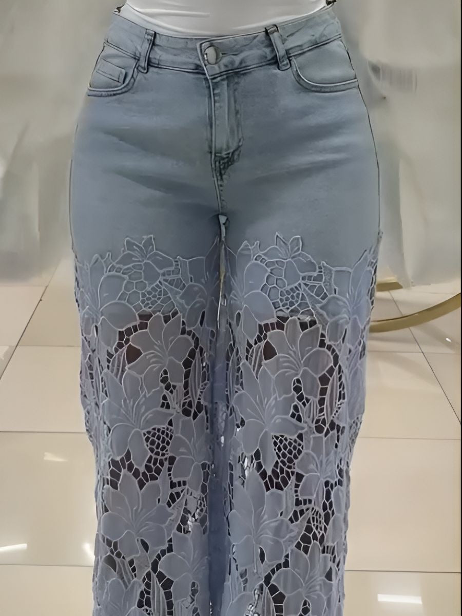 Blue lace patchwork denim