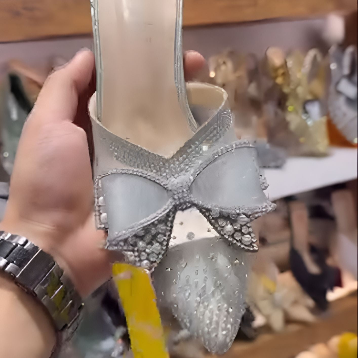 Bowknot crystal high-heeled slippers