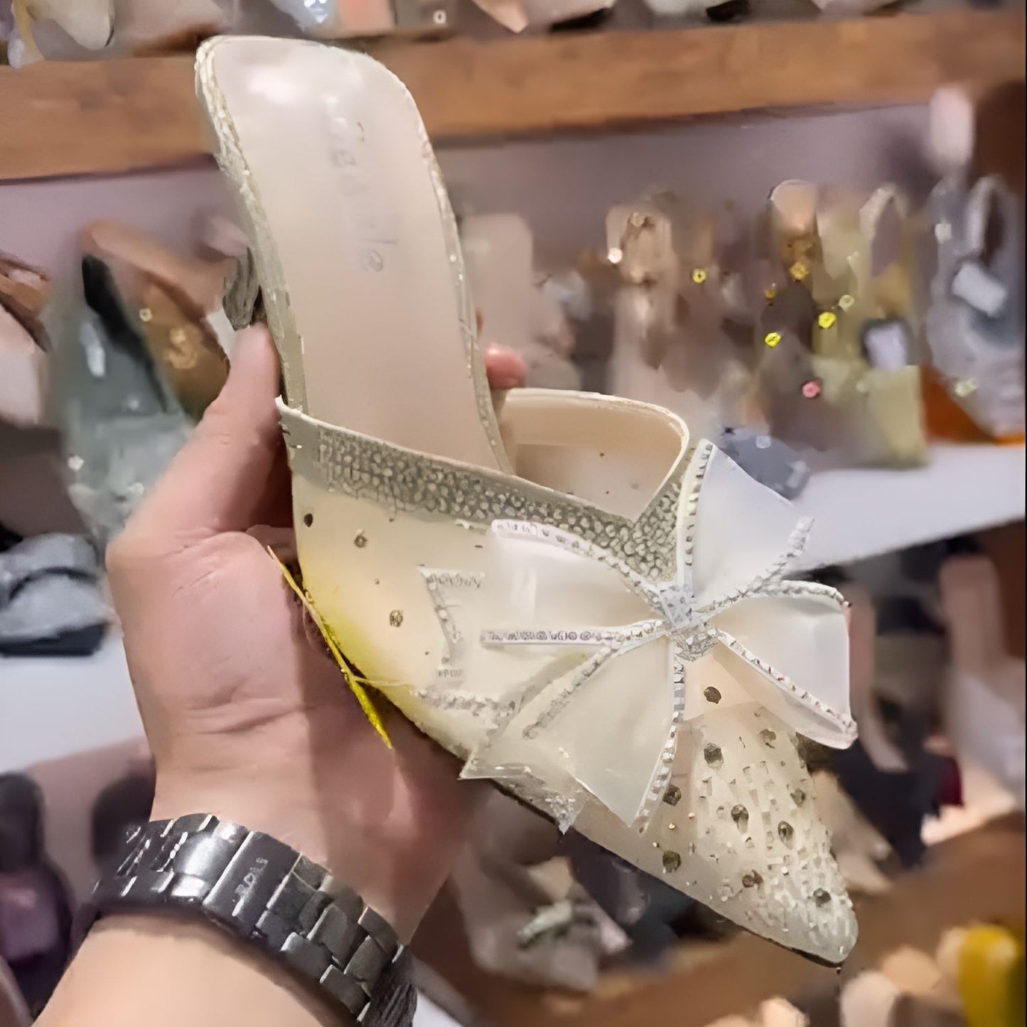 Bowknot crystal high-heeled slippers