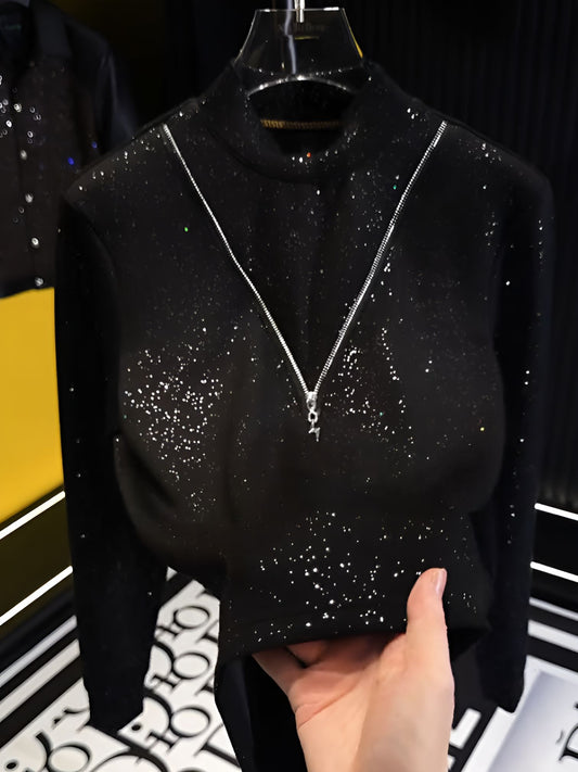 Full Crystal Zip Fake Two-Piece Hoodie