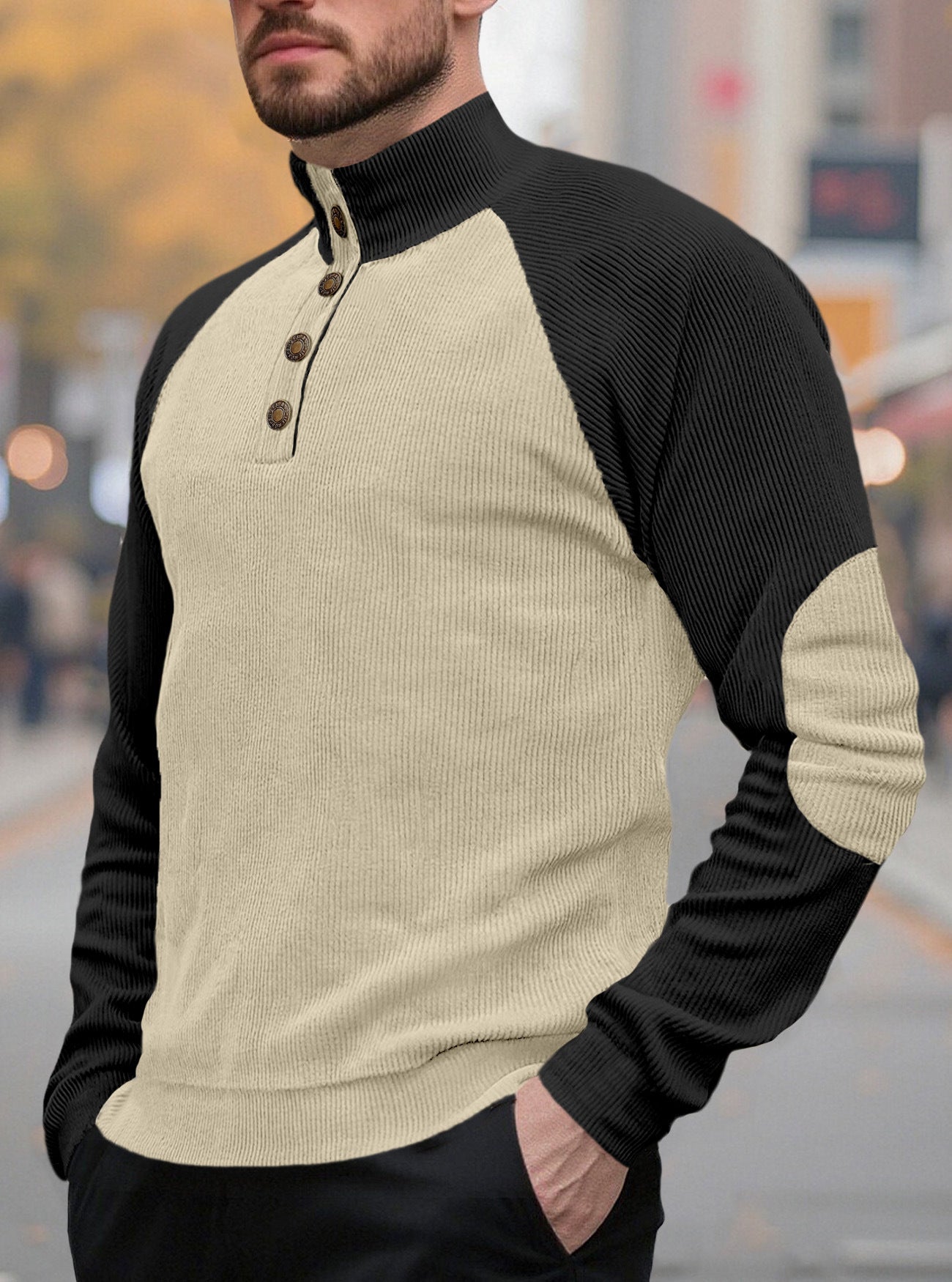 Color Block Button Hoodie