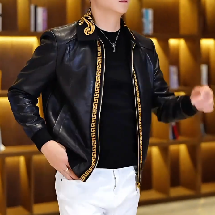 Gold Embroidered Leather Jacket