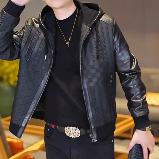 Hooded Cable-Knit Leather Coat