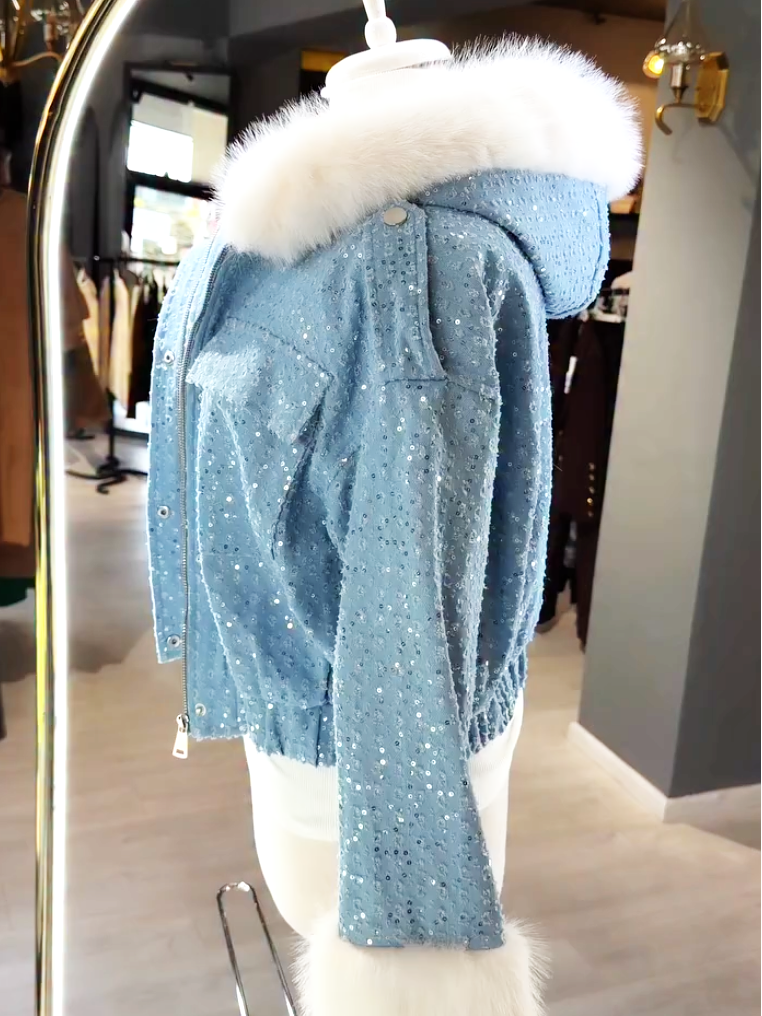Women's Sequin Fur Hood Denim