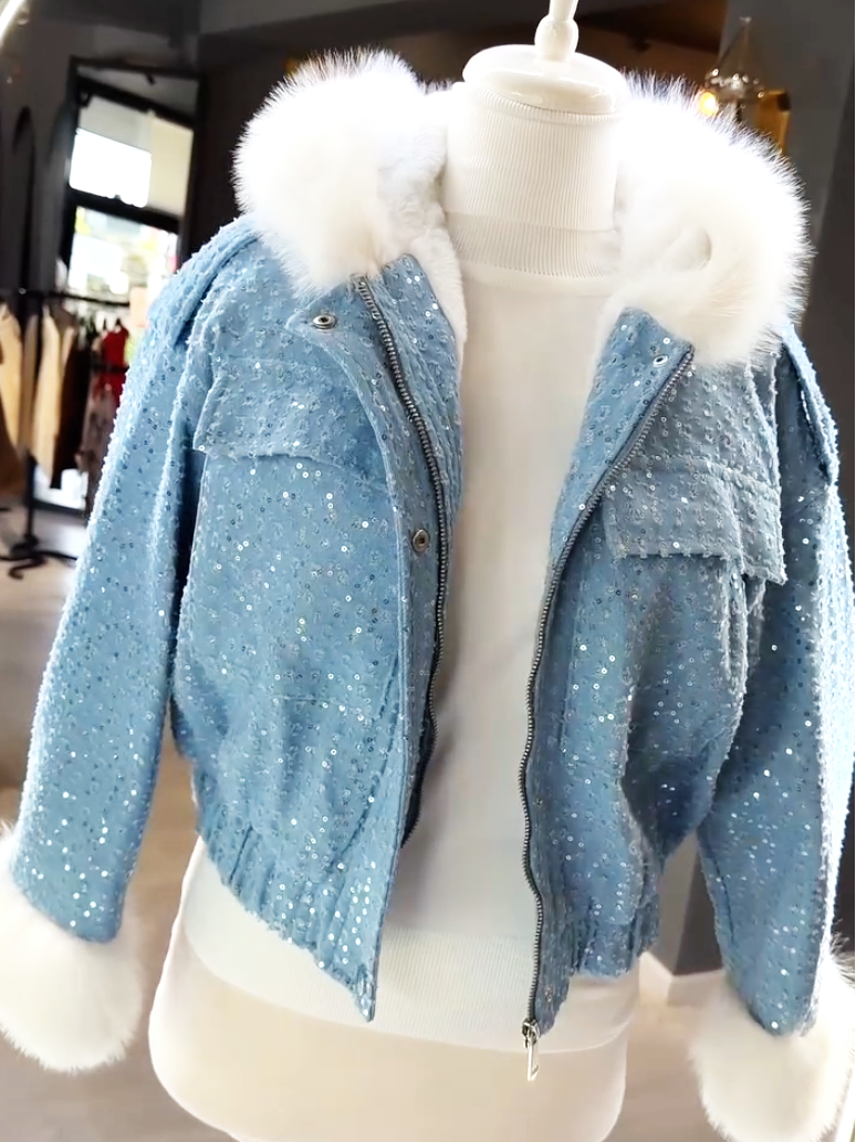 Women's Sequin Fur Hood Denim
