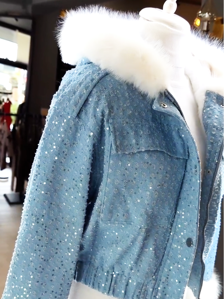 Women's Sequin Fur Hood Denim