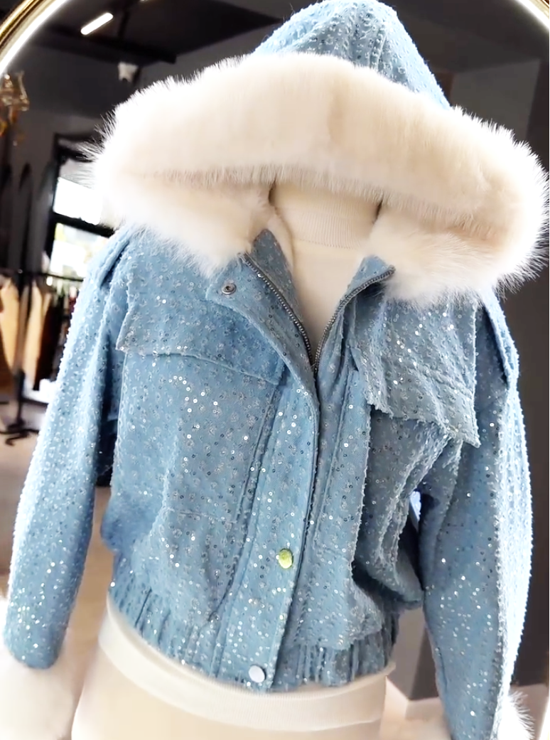 Women's Sequin Fur Hood Denim