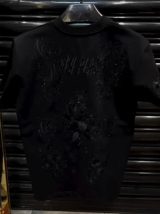 Black Embroidered Rose Tee