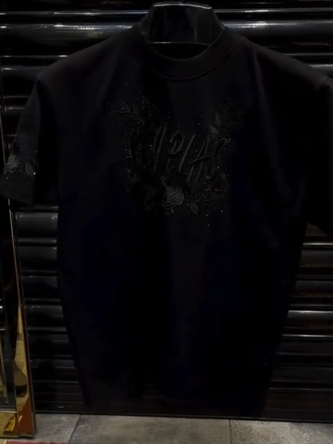 Black Embroidered Rose Tee