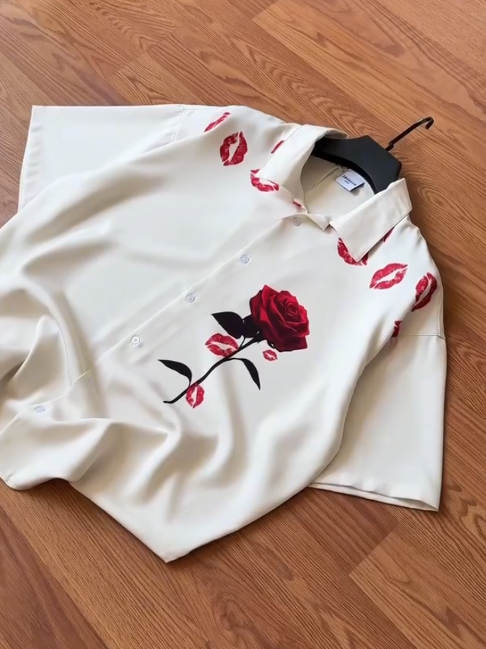 Red Lips & Roses White Shirt