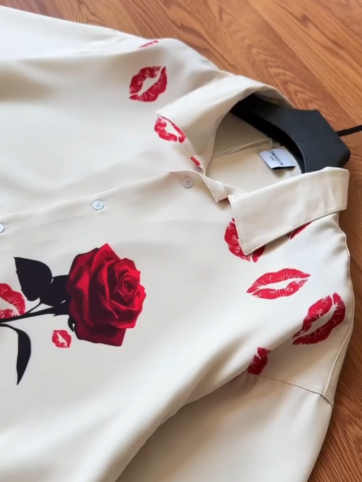 Red Lips & Roses White Shirt