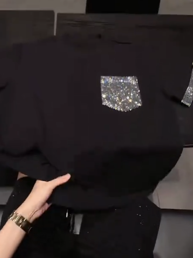 Crystal Pocket Black Tee