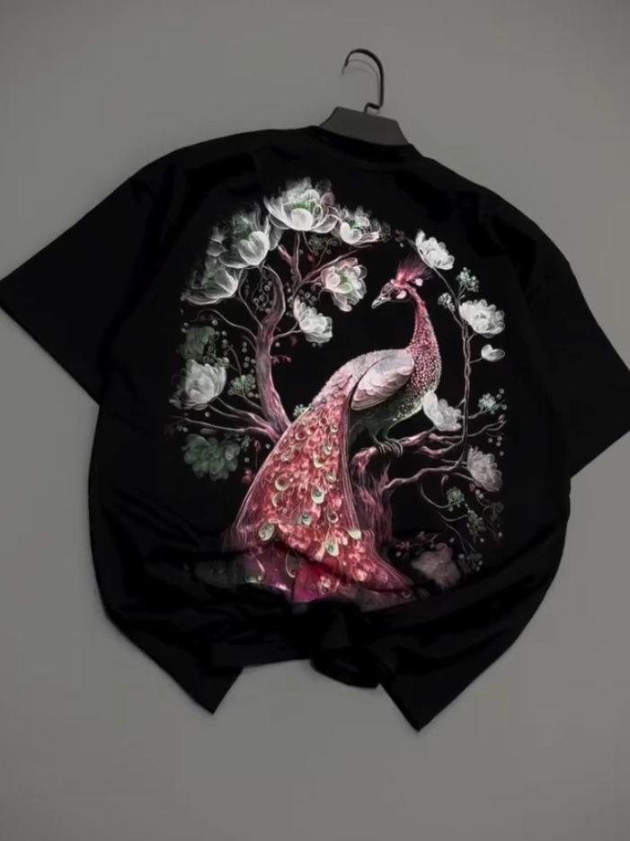 Pink Peacock Black Tee