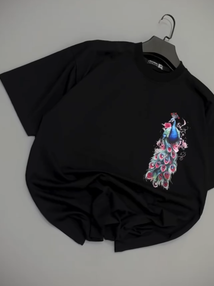 Pink Peacock Black Tee