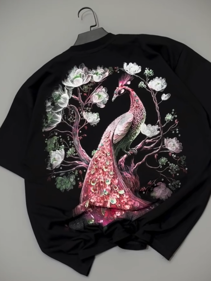 Pink Peacock Black Tee