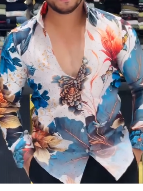 White shirt with blue print